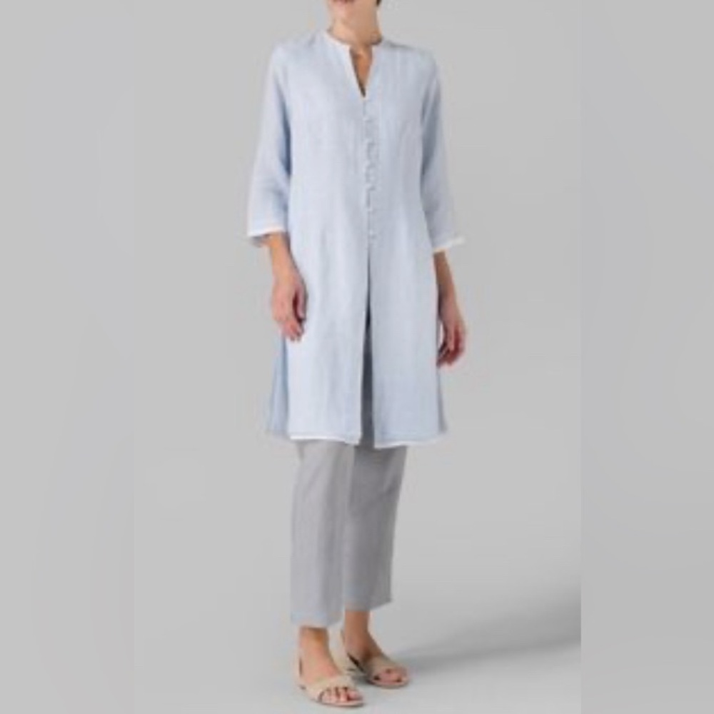 Vivid Linen V-Neck Stand Collar Long Blouse Tunic Layered Look Size 2X T3273 NWT